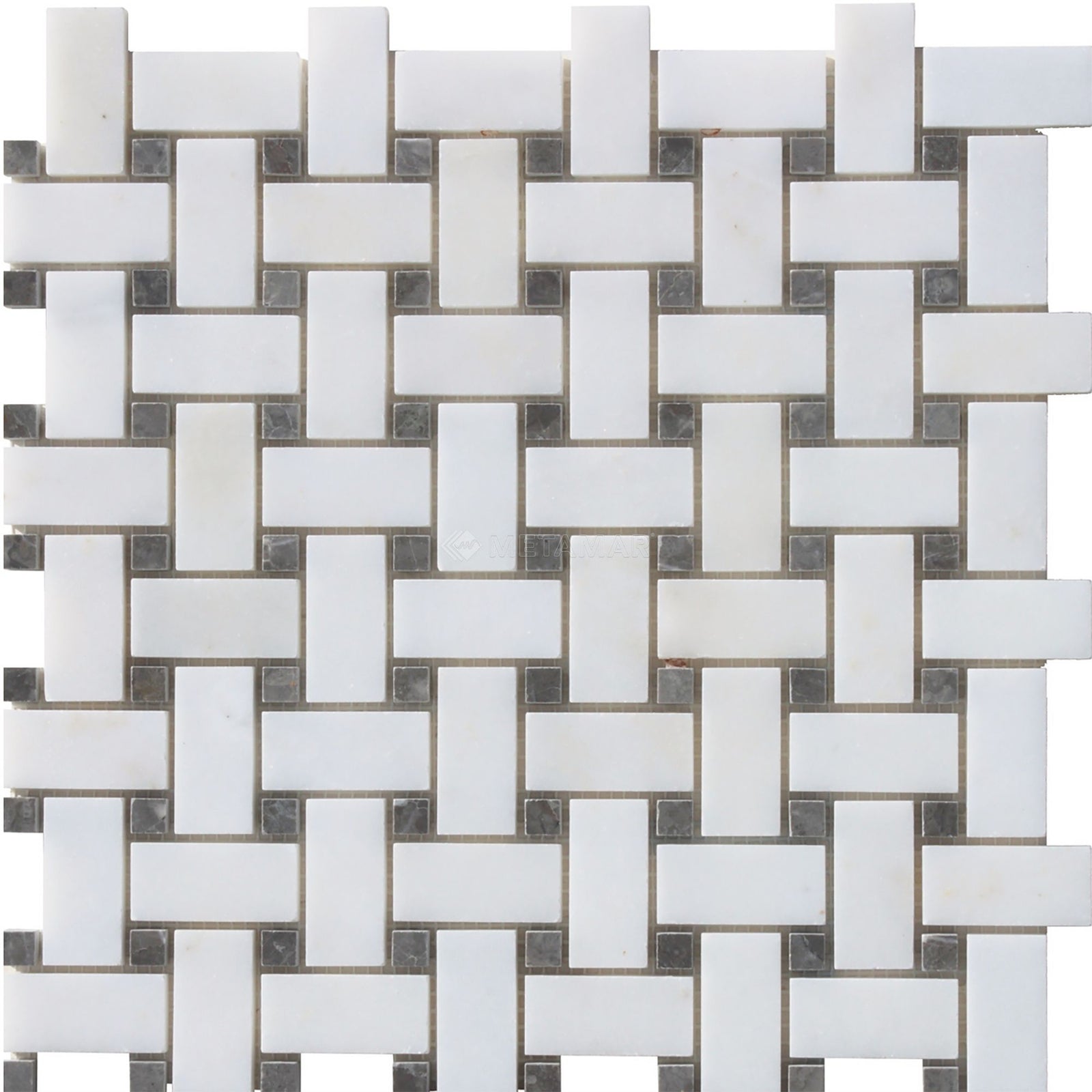 Afyon White & Mount Grey Basketweave Mosaic Mosaic Metamar Marble