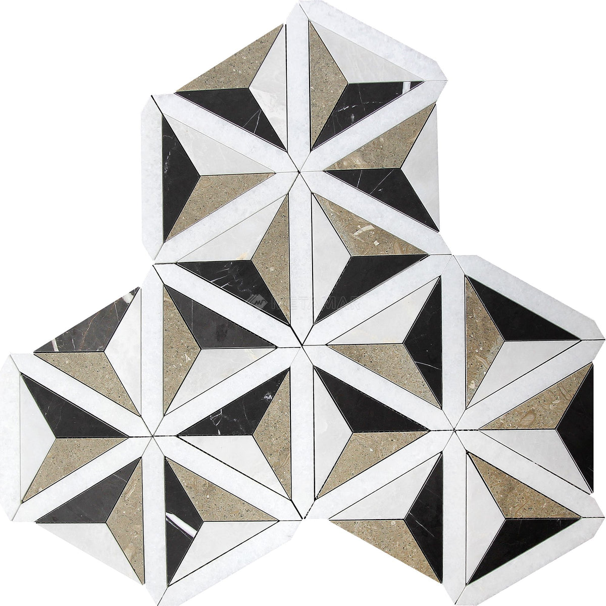 Bianco Crema &amp; Black Silk &amp; Blue Grey Delta Waterjet Mosaic